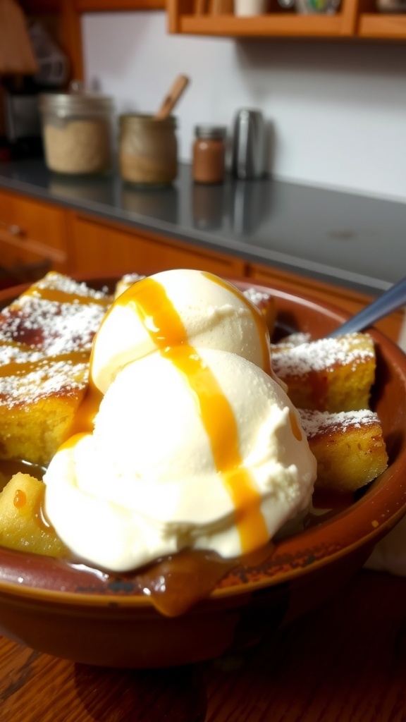 Classic Homemade Bread Pudding Recipe A bowl of golden brown bread pudding with powdered sugar and caramel sauce, served with a scoop of vanilla ice cream.